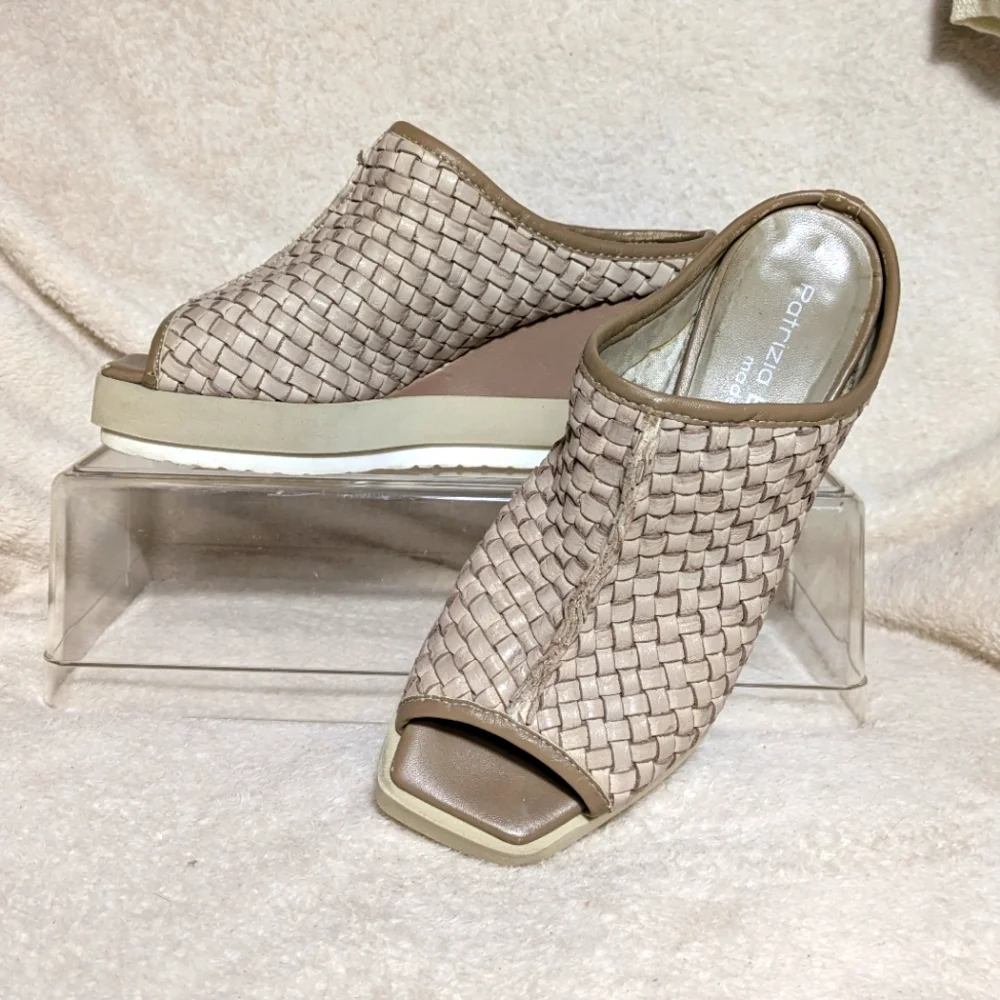 Patrizia Bonfanti Taupe Wedge Woven‎ Leather Chunky Slide, sz 36 (5.5-6)
